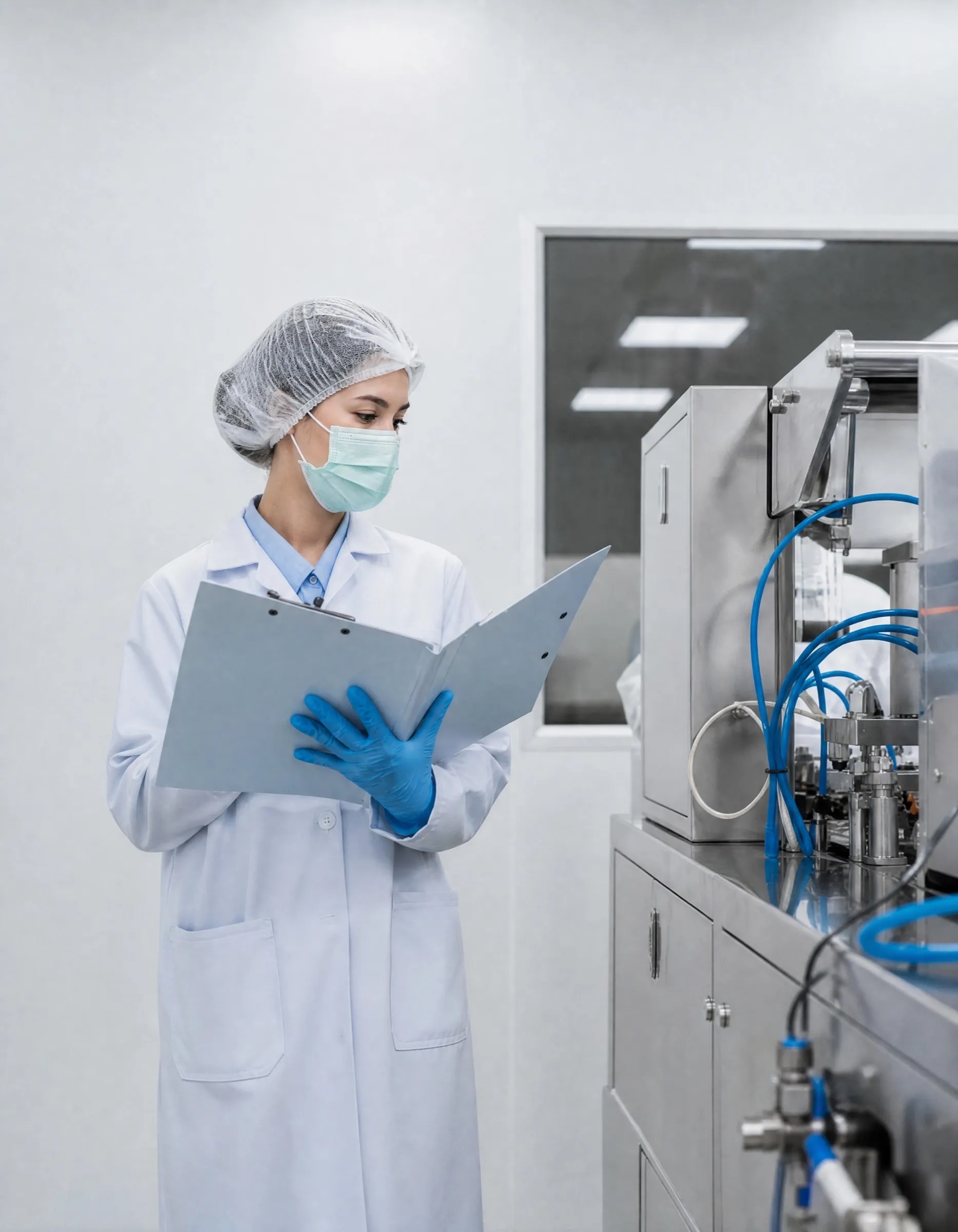 Tecnica di laboratorio in camice, cuffia e mascherina che controlla la documentazione accanto a un macchinario di produzione