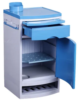 Comodino con ruote e portascarpe, con cassetto e anta aperta