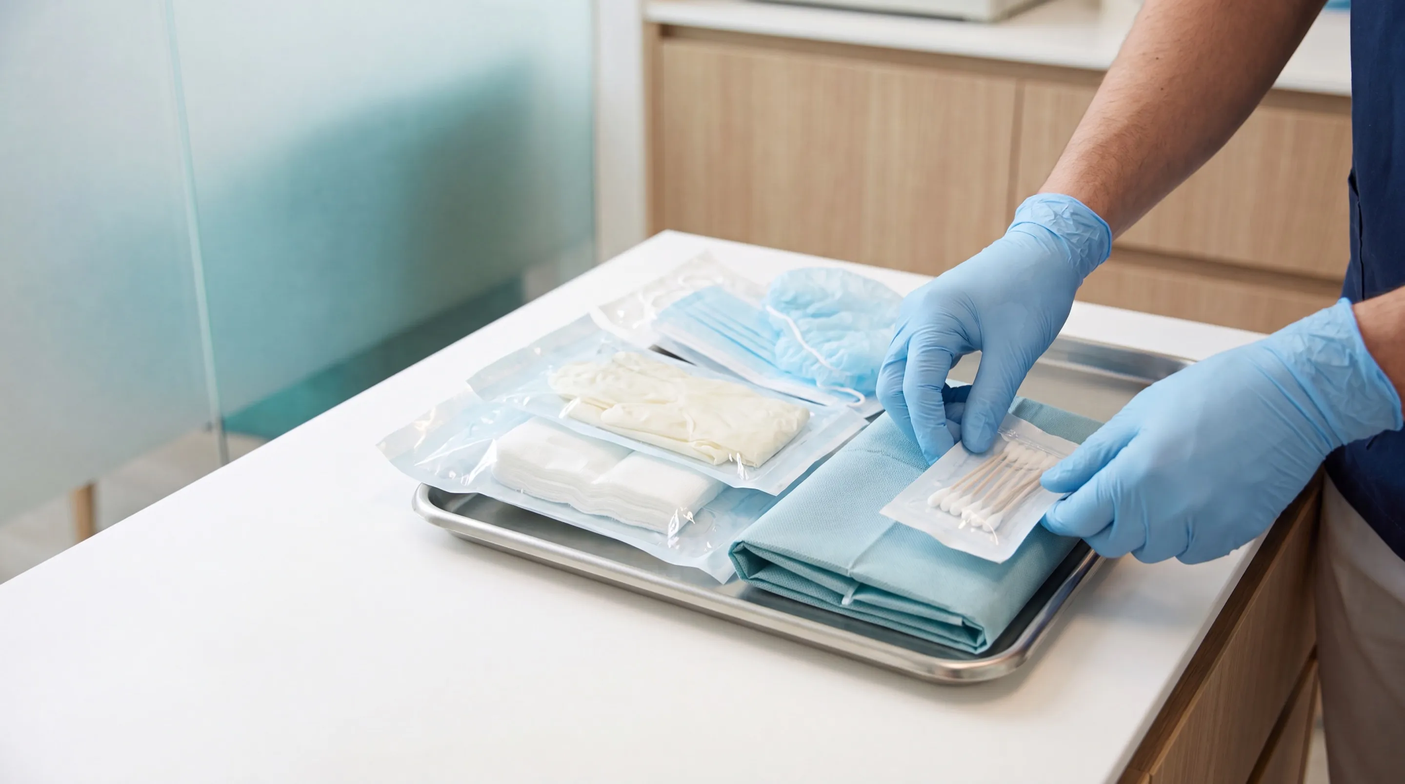 Operatore sanitario con guanti prepara un vassoio con set sterili monouso, garze e mascherine