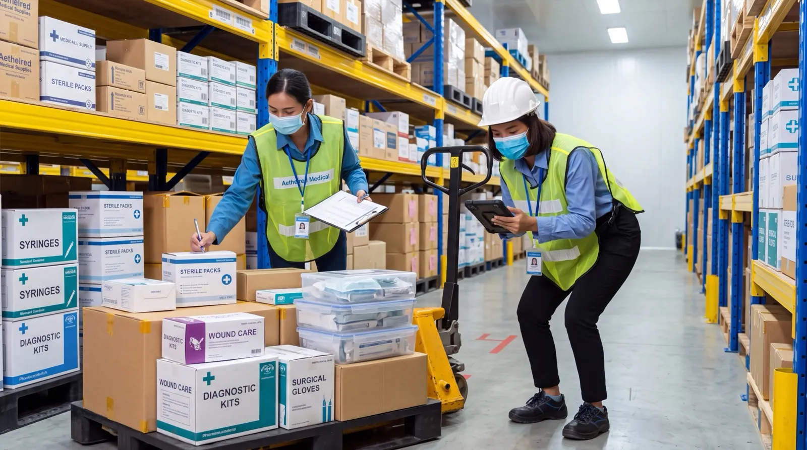 Due operatori con giubbotto ad alta visibilità controllano scatole su un pallet fra le scaffalature.